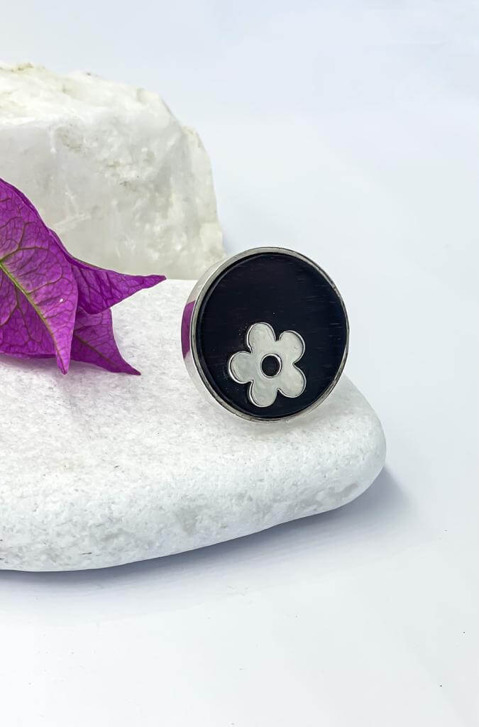 Floral Elegance on Ebony Wood  ''Handcrafted Silver Ring"