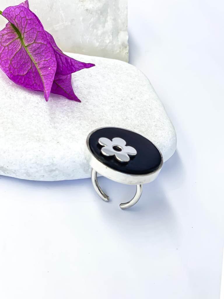 Floral Elegance on Ebony Wood  ''Handcrafted Silver Ring"